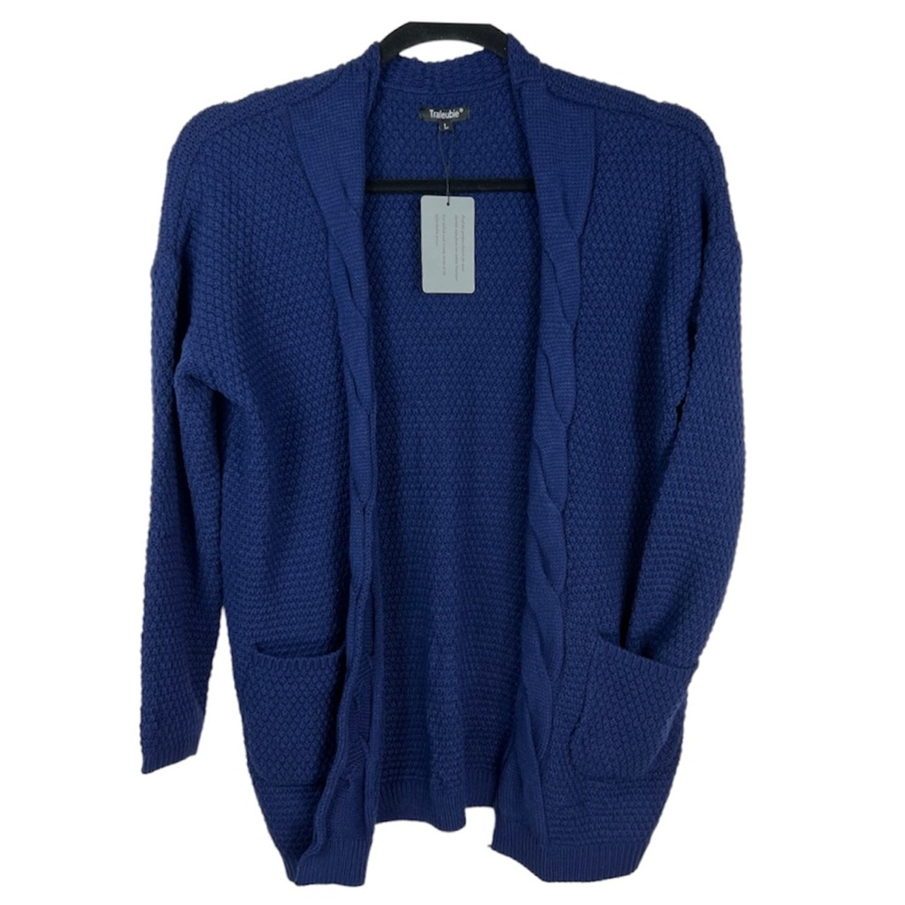 TRALEUBIE Boyfriend Cable Knit Shawl Front Cardigan Sweater Navy NWT Size Large